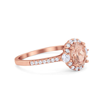 Art Deco Halo Oval Wedding Ring Rose Tone, Simulated Morganite CZ 925 Sterling Silver